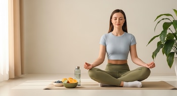 Una mujer sentada en posición de loto con los ojos cerrados, rodeada de un cuenco con arándanos, kiwi y naranjas, una botella de agua y una planta.