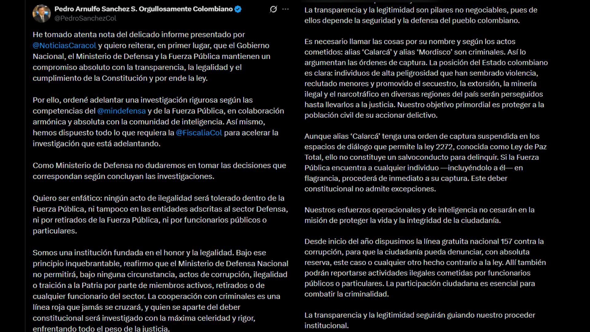 Sánchez asegura que ningún acto de ilegalidad será tolerado dentro del sector Defensa - crédito @PedroSanchezCol/X