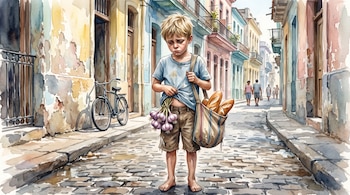 Ilustración en acuarela de un niño rubio y descalzo en una calle empedrada, con ajos en la camiseta y panes dentro de un bolso de tela.