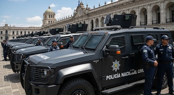 Una fila de vehículos blindados negros de la Policía Nacional Civil de Guatemala en un patio frente a un gran edificio gubernamental. Policías con uniforme están junto a ellos.