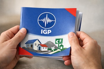 Dos manos sostienen una guía de emergencia azul del IGP con el logo de onda sísmica, casas ilustradas y un pictograma de ruta de evacuación.