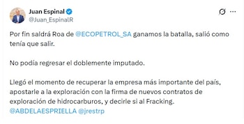 Juan Espinal, representante a la Cámara, celebró que Ricardo Roa no vuelva a Ecopetrol - crédito @Juan_EspinalR/X