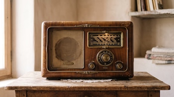 Radio antigua de madera de la marca Telefunken con dial iluminado sobre una mesa de madera.