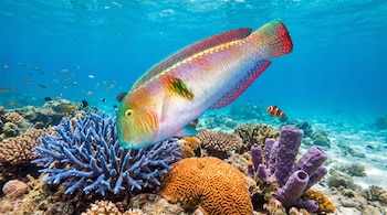 Pez de colores intensos, arrecife coralino con formaciones azules, naranjas y púrpuras, peces pequeños y un pez payaso en el agua del océano.