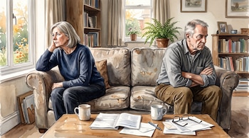 Ilustración en acuarela de una mujer y un hombre sentados en un sofá frente a una mesa con papeles, gafas y dos tazas.