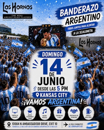 Cartel promocional para un evento de fútbol argentino en Restaurante Los Hornos, Kansas City, con una multitud de fans, banderas y una imagen de Lionel Messi