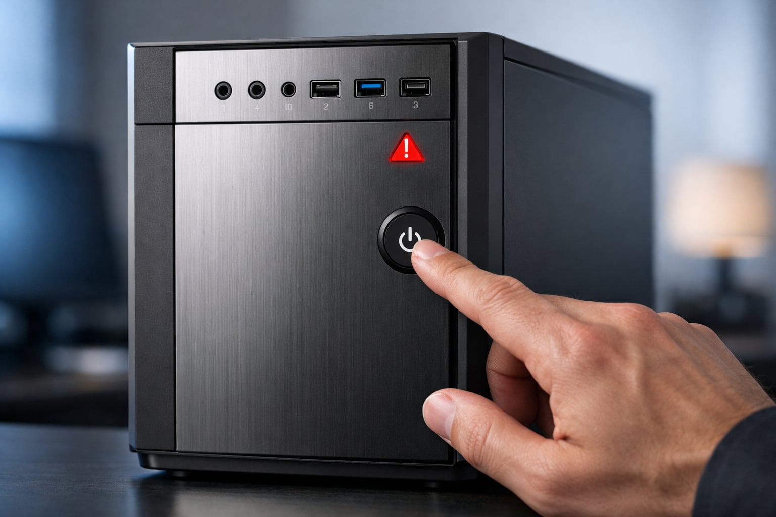Una mano presiona el botón de encendido de una PC moderna con una luz de advertencia roja, sugiriendo una acción crÃtica o un problema técnico en un entorno de oficina o doméstico. (Imagen Ilustrativa Infobae)