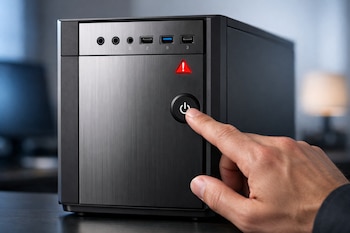Primer plano de torre de PC moderna gris oscuro y plata. Una mano presiona el botón de encendido. Un triángulo rojo de advertencia y puertos USB/audio son visibles.