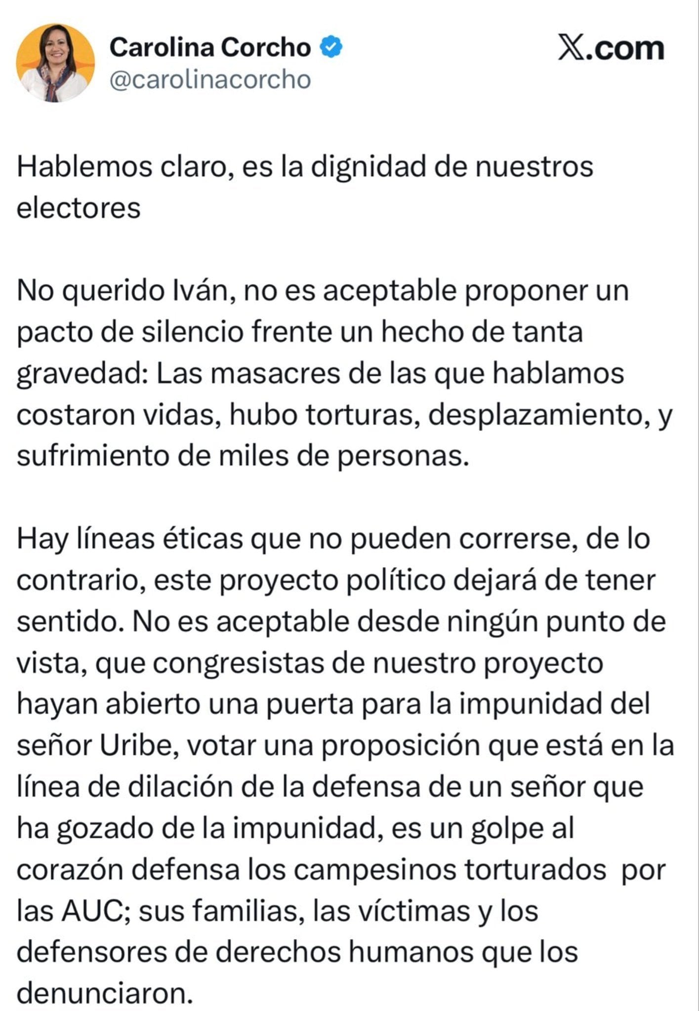 Este fue el mensaje en el que la senadora Carolina Corcho lanzó duras críticas contra el también congresista Iván Cepeda, y que posteriormente tuvo que borrar - crédito @carolinacorcho/X