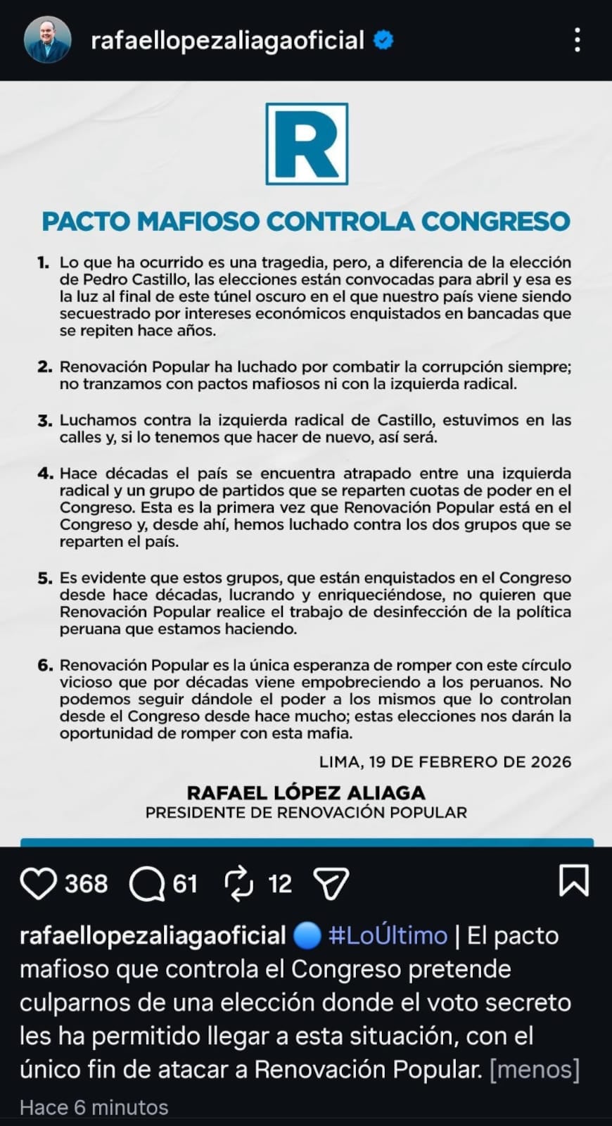Rafael López Aliaga, presidente de Renovación Popular, denuncia un pacto mafioso que controla el Congreso y aboga por elecciones para romper este círculo vicioso.