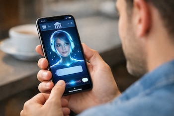 Hombre sostiene un smartphone con una aplicación bancaria mostrando un avatar de IA femenina de pelo azul y auriculares. La pantalla muestra una onda de voz.