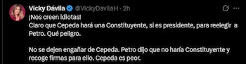 Vicky Dávila sostuvo que la constituyente siempre hizo parte del proyecto político del petrismo y cuestionó que ahora intenten tomar distancia de ella - crédito Vicky Dávila/X