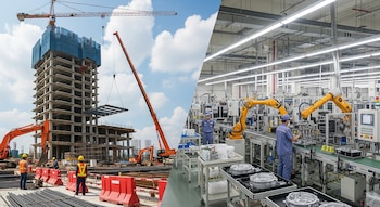 Imagen partida con edificio en construcción, grúas, obreros, barras de metal; y una fábrica con robots amarillos, cintas transportadoras y operarios.