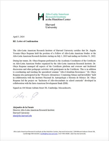 Desde la el Afro-Latin American Research Institute, afiliado a la Facultad de Artes y Ciencias Sociales de Harvard, certificaron que la ministra de ciencias fue becaria - crédito Yesenia Olaya / X