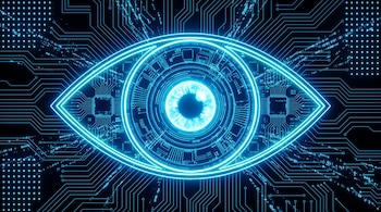 Un ojo digital azul y cian de inteligencia artificial sobre un fondo negro. El iris se compone de circuitos integrados y microprocesadores. Líneas de circuito impreso emanan de sus extremos.