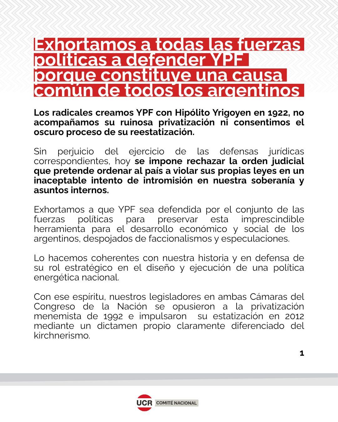 El comunicado de la UCR sobre el fallo contra YPF