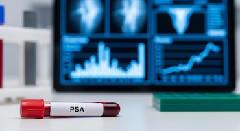 Primer plano de un tubo de ensayo con sangre etiquetado 'PSA' en una mesa de laboratorio blanca, con una pantalla digital azul con gráficos médicos desenfocada al fondo.