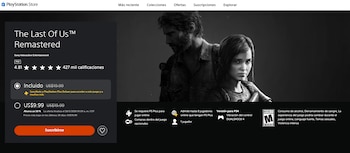 Captura de pantalla de la PlayStation Store mostrando el videojuego The Last Of Us Remastered, con su título, precio y una imagen de los personajes Joel y Ellie. También se ve el logo de PS4