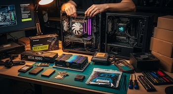Manos de una persona ensamblando una computadora, dos gabinetes de PC, tarjeta gráfica RTX 4090, módulos de memoria RAM, procesadores, herramientas, cajas, un monitor.