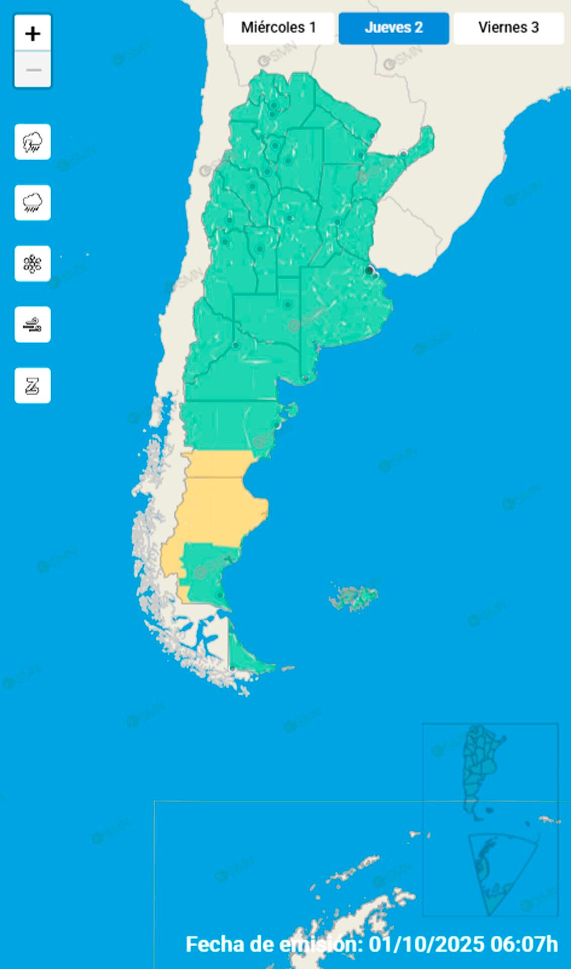 Las alertas para el sur argentino, correspondientes a mañana.