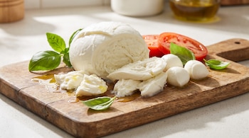 Queso mozzarella en bola y trozos, rodajas de tomate y hojas de albahaca sobre una tabla de madera con gotas de aceite de oliva.