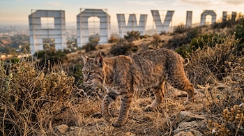 Un lince rojo camina entre arbustos secos en una colina con las letras blancas del letrero de Hollywood al fondo.