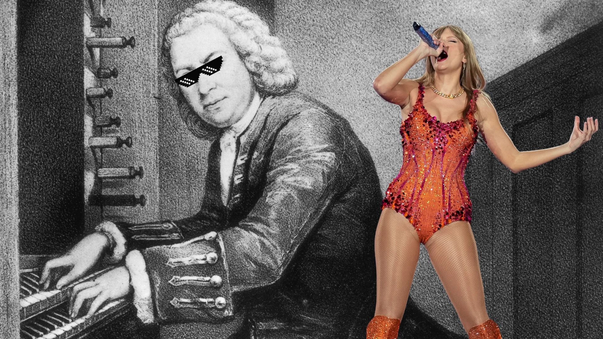 Montaje con una imagen de Johann Sebastian Bach con unas gafas de sol y la cantante estadounidense Taylor Swift. (Infobae España)