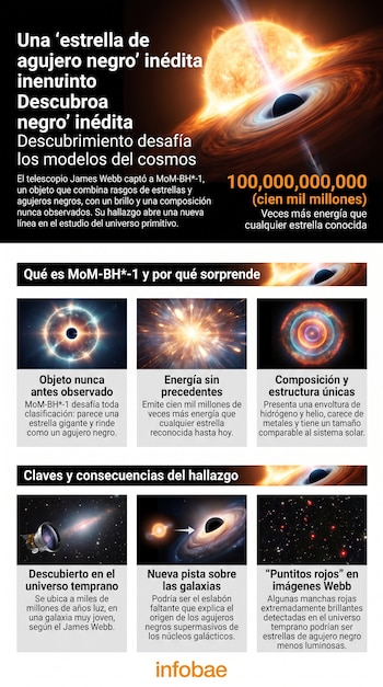 Infografía: agujero negro, estrella gigante, objetos cósmicos, telescopio espacial James Webb y texto que describe el descubrimiento de MoM-BH*-1.