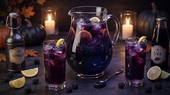 Jarra y dos vasos con bebida morada oscura, hielo, rodajas de limón y zarzamoras, junto a botellas, frutas sueltas y velas encendidas.