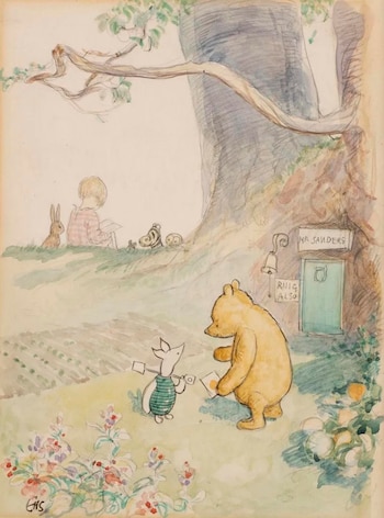 Ilustración acuarela de Winnie the Pooh y Piglet frente a un árbol con una puerta. Christopher Robin lee en la colina con Conejo, Tigger y Búho