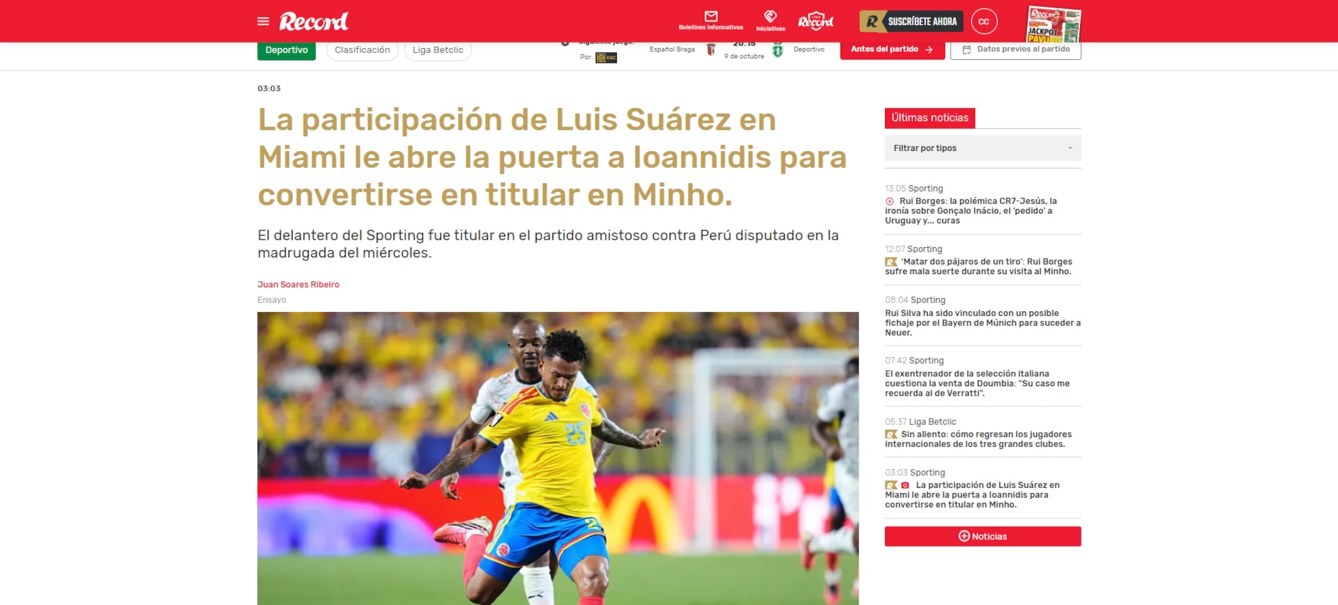 El delantero no haría parte del duelo ante Braga debido a la acumulación de minutos que tuvo con la selección Colombia-crédito Record Portugal