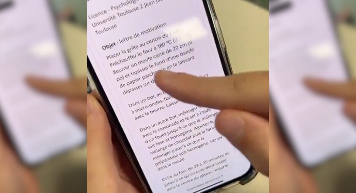 Imagen de la receta de brownie presentada como carta de motivación. (Twitter)