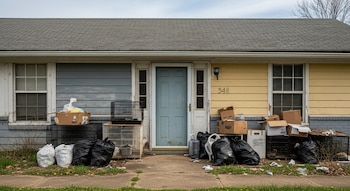 La entrada de una casa con fachada de dos colores y número 348, rodeada de bolsas de basura negras y blancas, jaulas de animales y cajas de cartón.