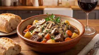 Estofado de carne con patatas, zanahorias, salsa cremosa de hongos y perejil en tazón. Pan y copa de vino tinto sobre mesa de madera.