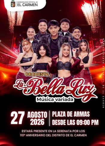 Afiche con los integrantes de la orquesta La Bella Luz, el logotipo de la agrupación y detalles del evento en El Carmen