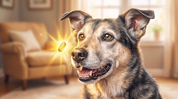 Ilustración de un perro mirando una cápsula dorada brillante que flota en una sala de estar frente a un sillón.