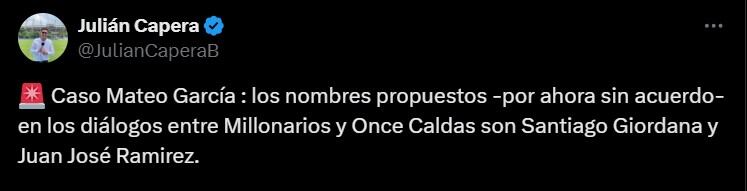 Santiago Giordana se iría de Millonarios para llegar al Once Caldas, en el que sería suplente de Dayro Moreno - crédito @JulianCaperaB/X