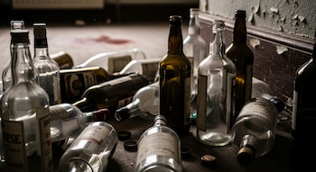 Múltiples botellas de vidrio vacías de distintos colores y formas están esparcidas en el suelo de una habitación con paredes descascaradas y tapas.