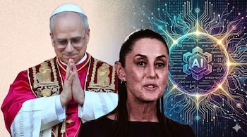 Claudia Sheinbaum, con un fondo de inteligencia artificial, aparece junto a un líder eclesiástico, destacando la intersección de la política, la religión y la tecnología en el debate actual. (Imagen Ilustrativa Infobae)