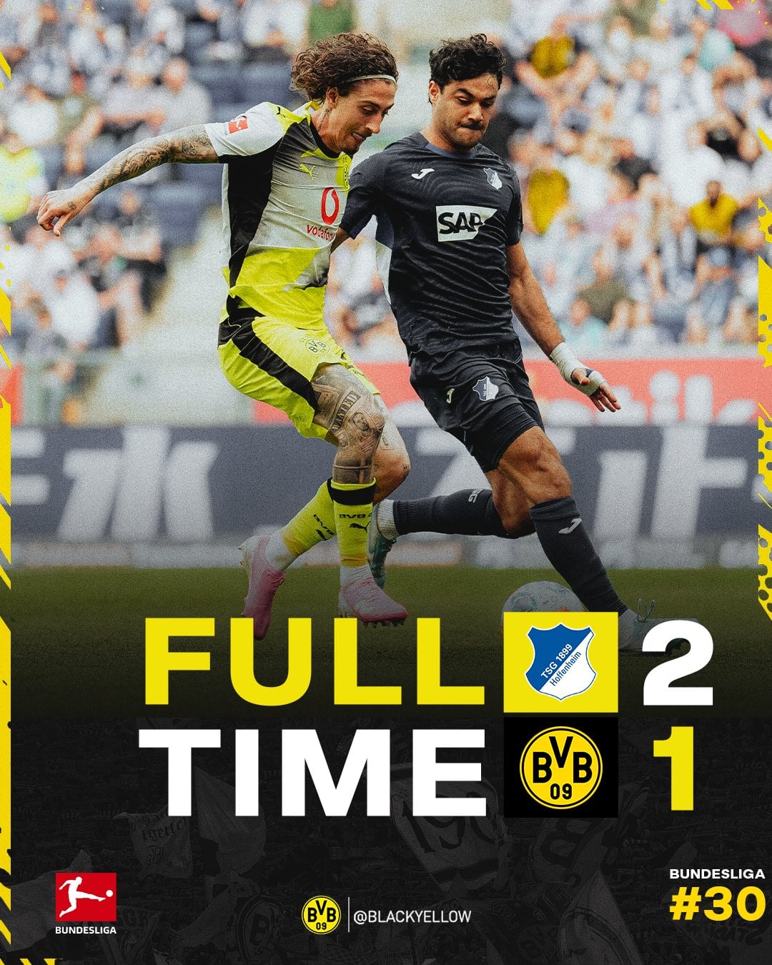 El equipo de Niko Kova cayó en su visita en el PreZero Arena ante Hoffenheim, y quedó dependiendo de una victoria del Stuttgart ante Bayern Múnich para pelear el título de la Bundesliga en Alemania -crédito @BlackYellow/X