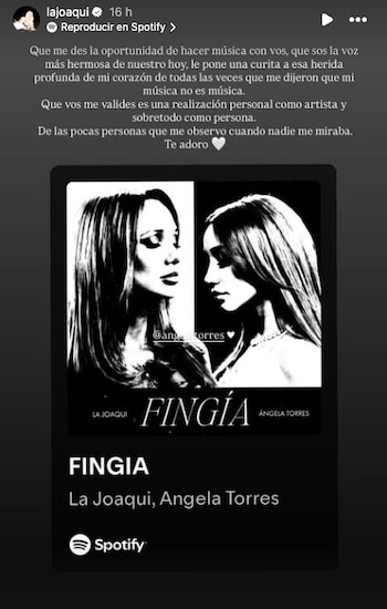 Pantalla de Spotify con la portada del sencillo 'FINGÍA', mostrando un montaje en blanco y negro de los perfiles de La Joaqui y Ángela Torres
