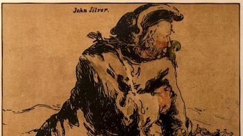 Dibujo de un hombre barbudo con sombrero y abrigo, apoyado en un bastón, con un loro verde en su hombro. El estilo es de tinta y aguada sobre papel color sepia