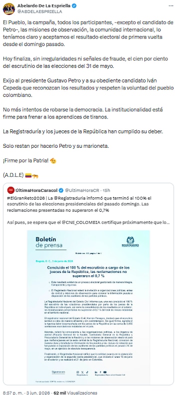 Abelardo de la Espriella destacó escrutinio sin fraude y exigió respeto al resultado electoral - crédito @ABDELAESPRIELLA/X