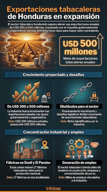 Infografía detallando el sector tabacalero de Honduras. Muestra un campo de tabaco, barriles, monedas, fábricas, una cadena rota y figuras de empleados, con datos de crecimiento.