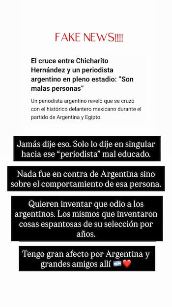 Chicharito denunció en Instagram que le han levantado comentarios falsos suyos en contra de Argentina. (redes sociales)