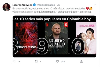 En tan solo 6 días, la nueva producción de Ricardo Quevedo llega al puesto numero 9 del top 10 de Netflix Colombia
Foto:Vía @@cejaspobladas
