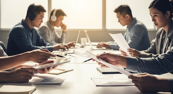 Mesa de trabajo con varias personas. En primer plano, manos interactúan con una tablet y papeles; al fondo, tres personas se concentran en laptops y documentos.
