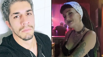 Imagen de pantalla dividida con un hombre de cabello gris y barba a la izquierda y una mujer con pañuelo y rastas en un local nocturno a la derecha.