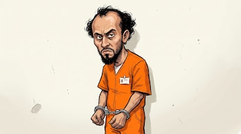 Caricatura de un hombre con barba que viste un traje naranja de prisión, con una tarjeta de identificación y esposas en sus muñecas.