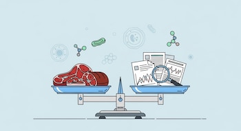 Ilustración de una balanza de laboratorio con cortes de carne roja en un platillo y documentos científicos con una lupa en el otro, sobre un fondo celeste.